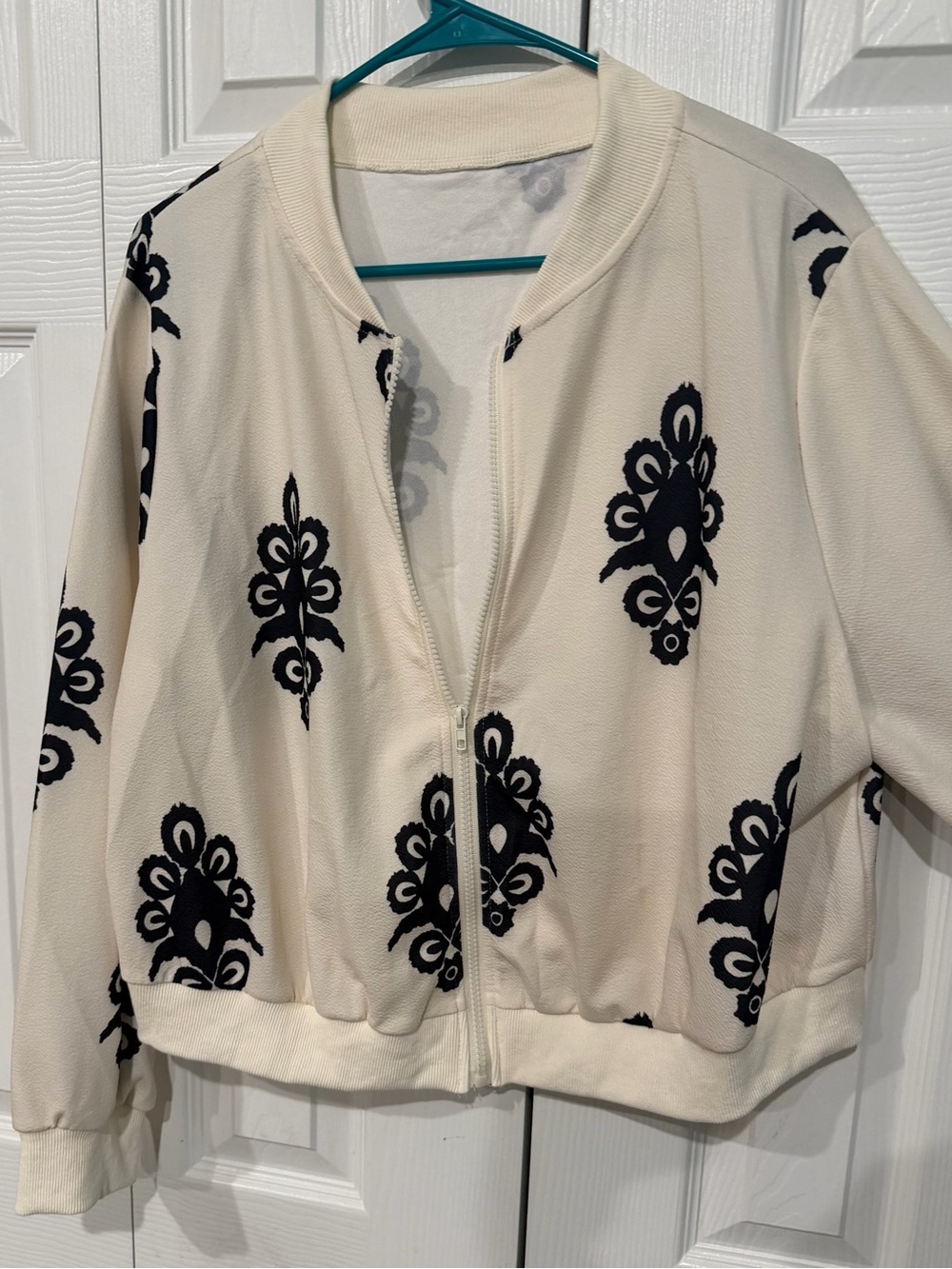 SHEIN Cream Bomber Jacket with Black Floral Medallions